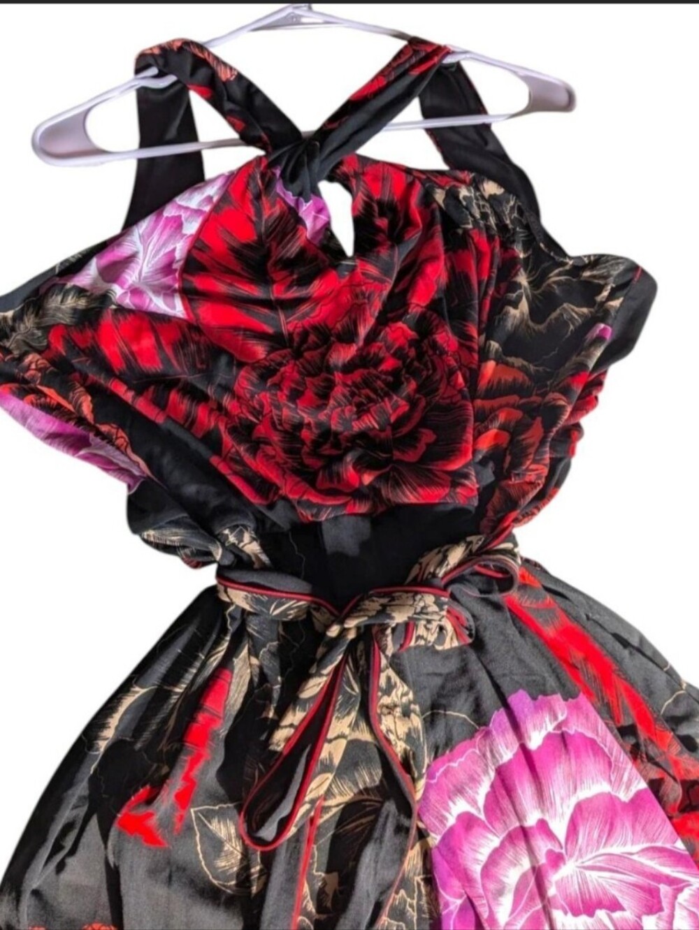 Tahari Woman Plus Whimsigoth Dark Floral Halter Tie Waist Maxi Dress 1X